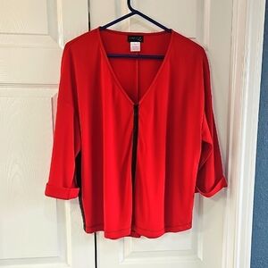 Creation L V Neck Three Quarter Sleeve Red Top w black leather trim. SIZE 12